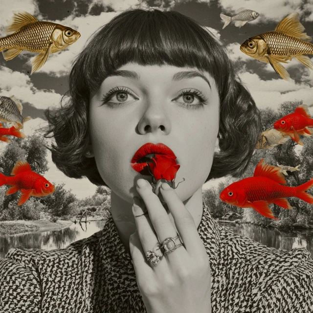 Woman with Red Rose and Fish Surreal Art