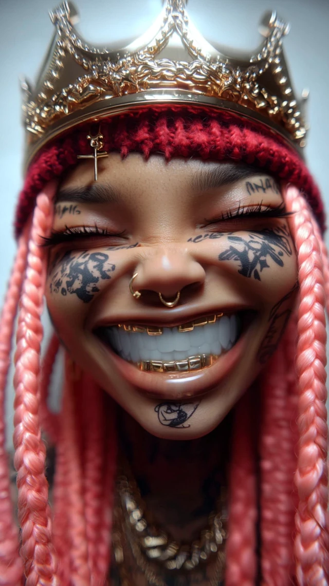 Pink Haired Girl with Gold Teeth Crown Face Tattoo
