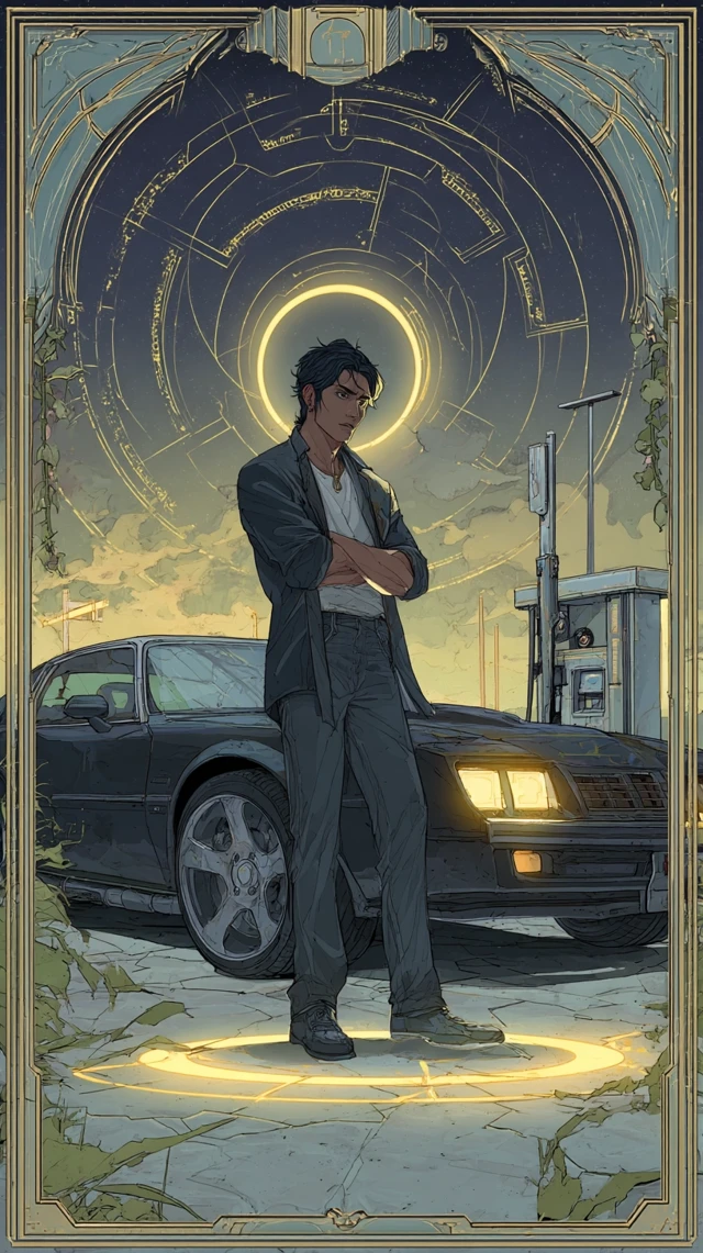 Art Nouveau Tarot Card Asian Man Muscle Car