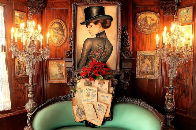 Victorian Muse Reading in Grand Living Room