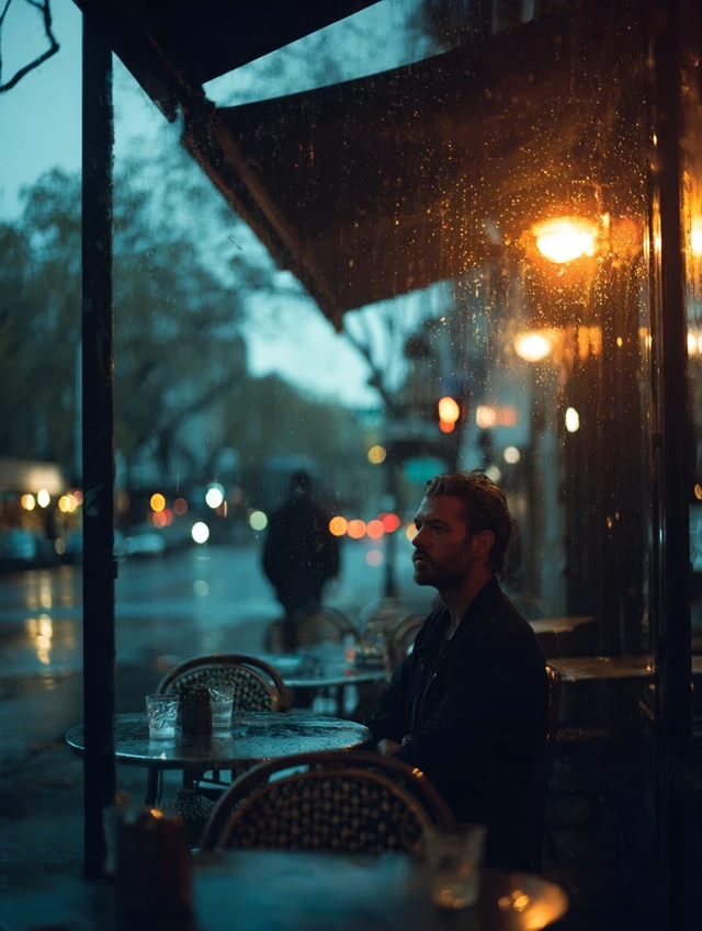 Rainy Cafe Scene Man Alone