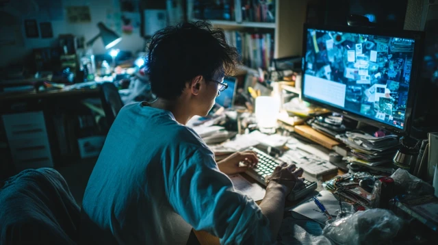 Japanese Man Working at Computer Dark Room