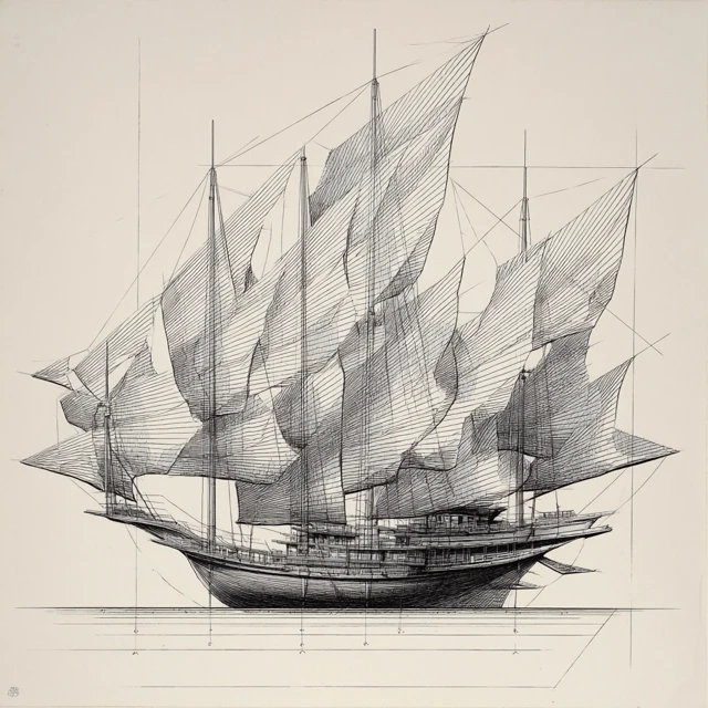 Black and White Ship Elevation Drawing