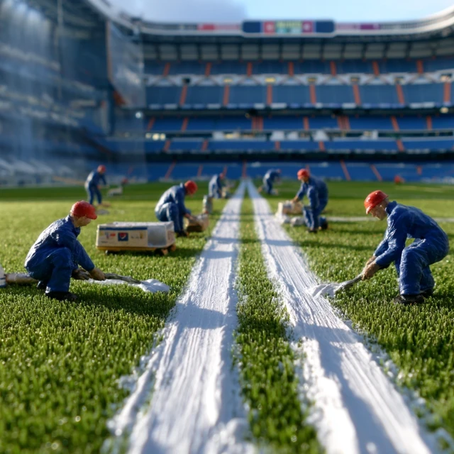 Miniature Workers Painting Field Lines at Stadium