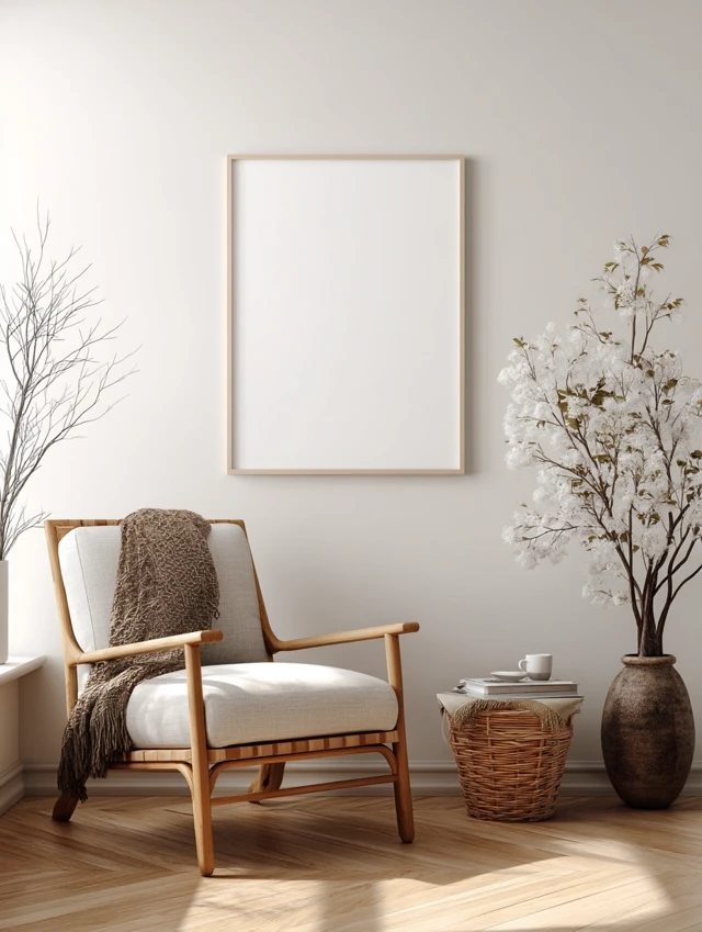 Japandi Living Room with Blank Frame Decor
