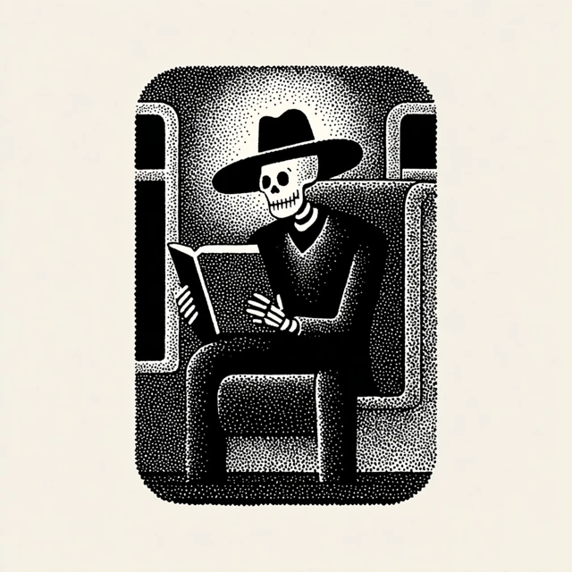 Skeleton Cowboy Reading on Train Linocut Art