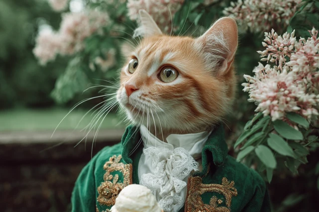 Regal Cat in 18th Century Attire with Ice Cream