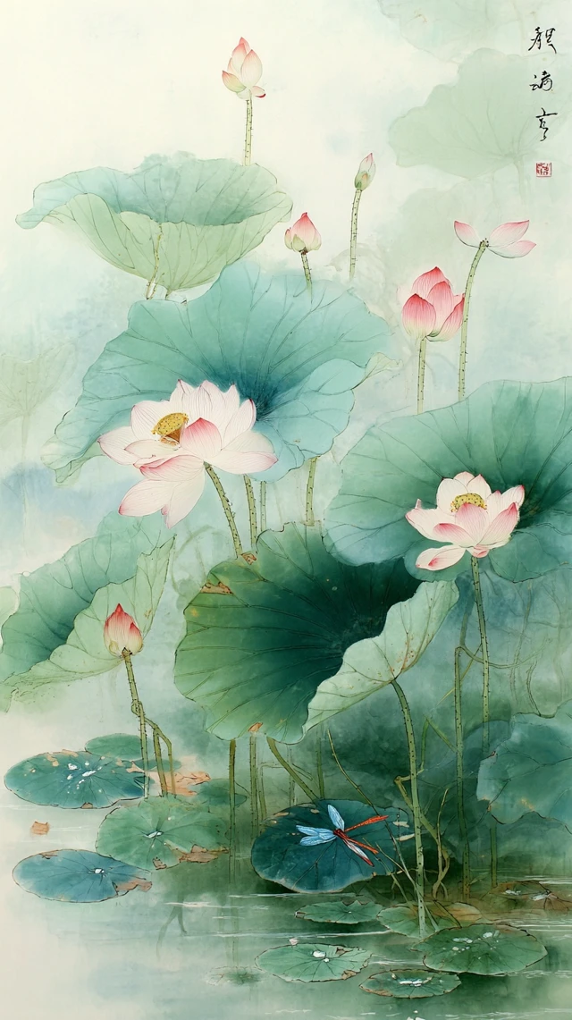 Chinese Painting Lotus Flowers Summer Pond Art