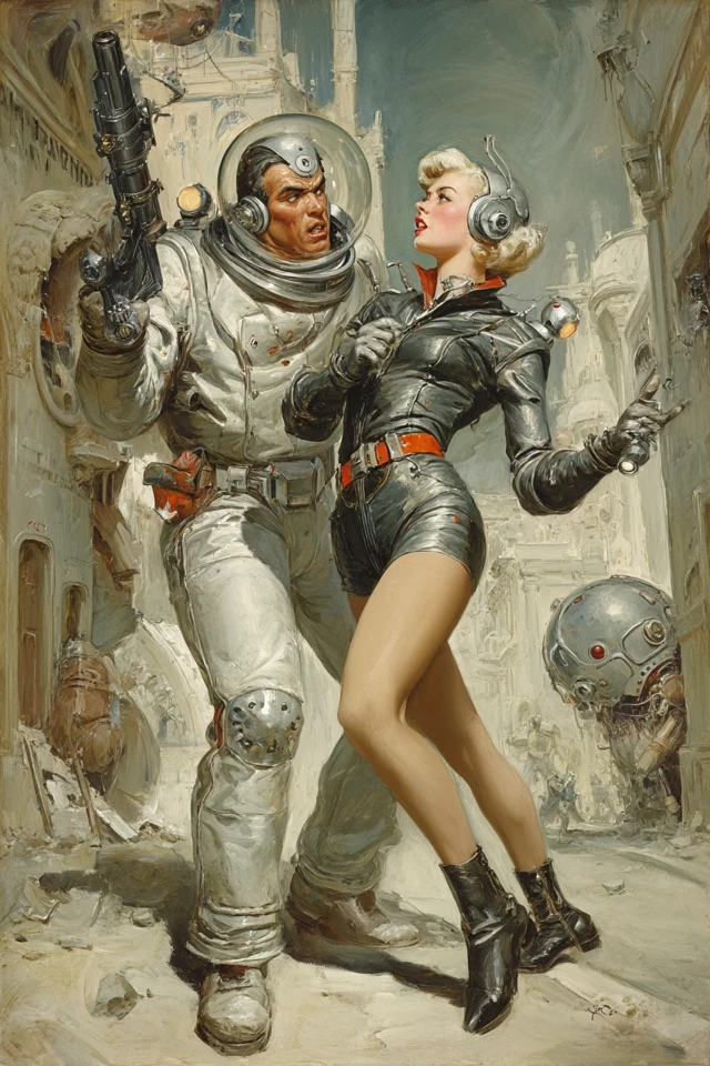 Retro SciFi Painting Man and Woman in Alien City