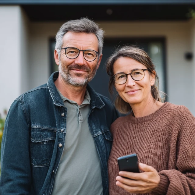 Happy Couple Standing in Front of Their House