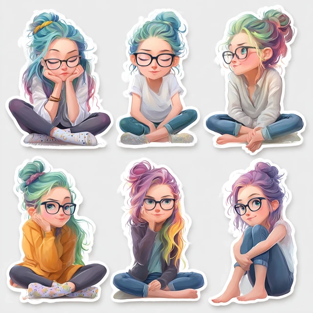 Cute Girl Stickers Colorful Hair and Glasses