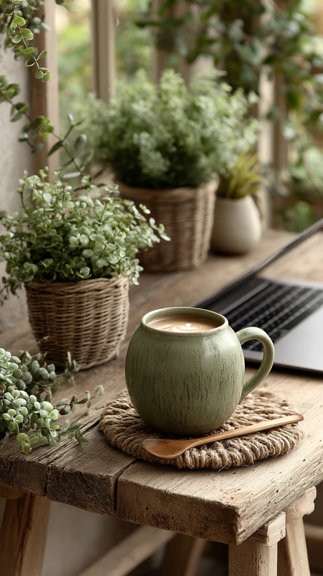Green Workspace with Laptop and Plants