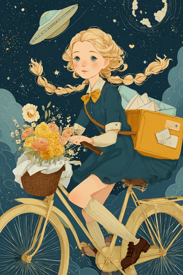 Fairy Girl on Bicycle Space Post Office Illustration
