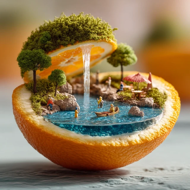 Miniature World in an Orange: Whimsical Digital Art