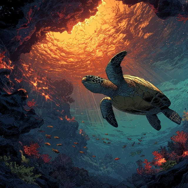 Underwater Turtle Volcanic Scene Illustration