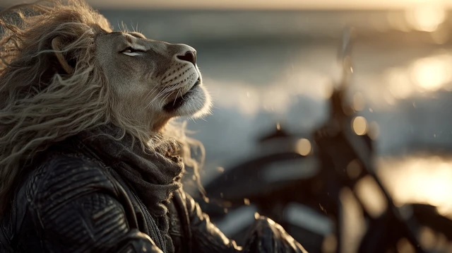 Lion on a Motorcycle Beach Sunset