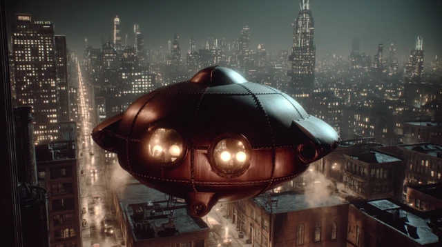 Owlship Archie Flying Over 1950s Noir City