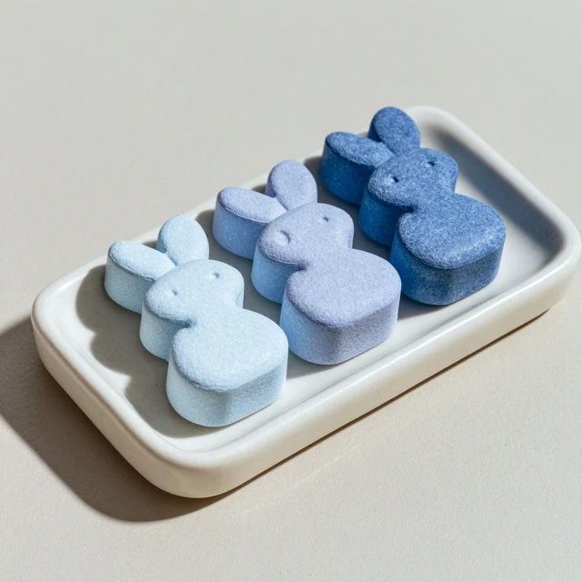 Bunny Pills on Tray Minimalist Blue Tones