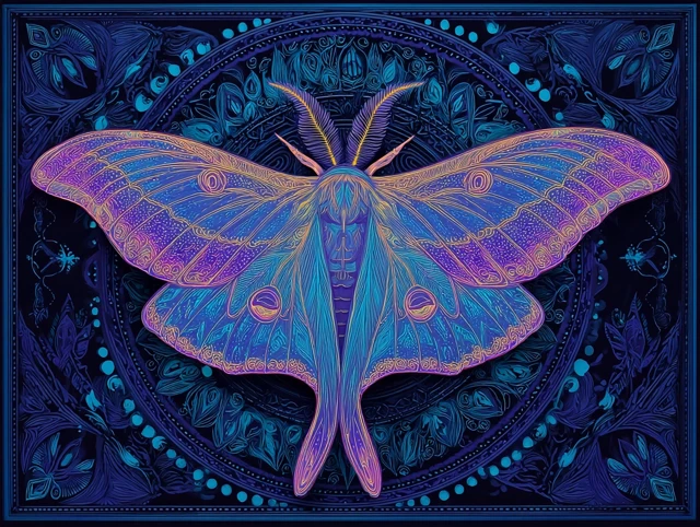 Luminous Moth Mandala Art Neon Colors and Glow