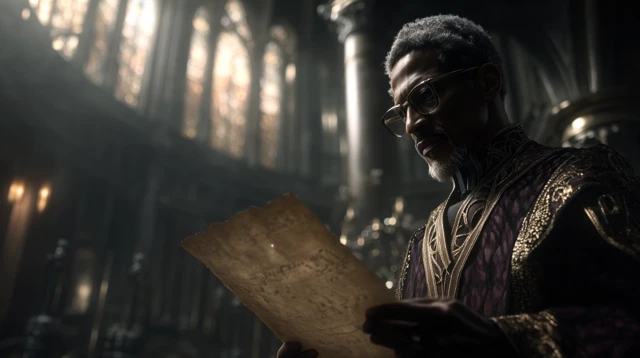 Elder Scholar in Magical Library Dark Fantasy Scene
