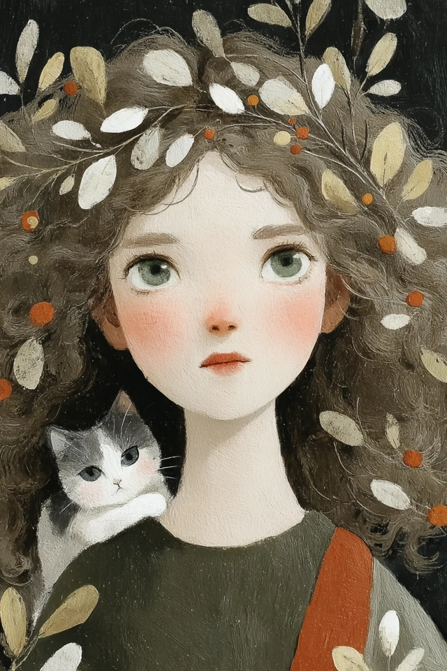 Child with Cat Face: Earthy Tones Illustration