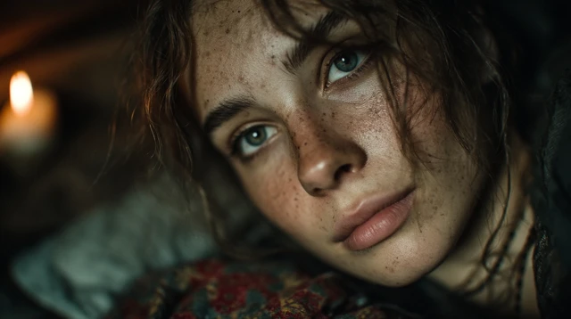 Awake Woman in Bed Photorealistic Portrait