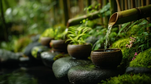 Tranquil Forest Water Feature Bamboo and Pots
