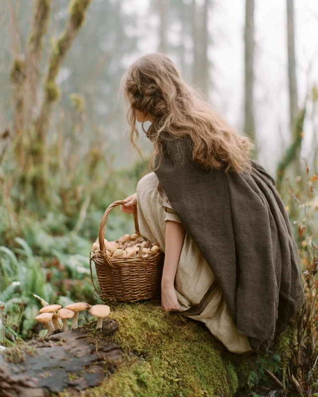 Cottagecore Forest Photo: Woman with Mushrooms