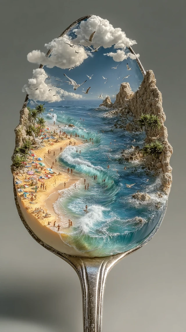 Magical Beach Scene in a Spoon Art Illustration