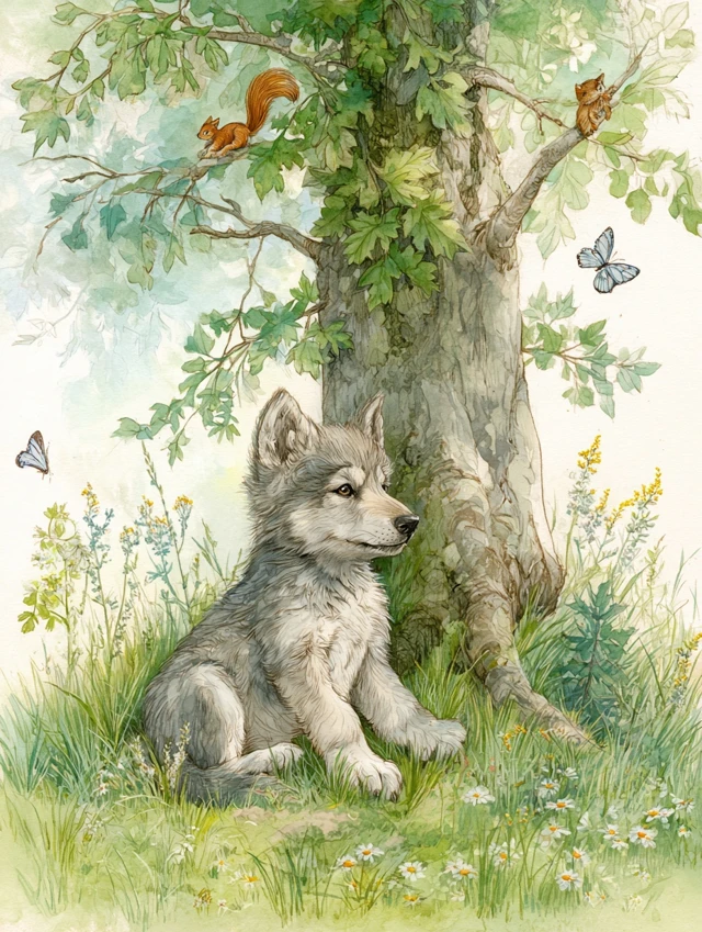 Wolf Pup in a Sunny Meadow Watercolor Illustration