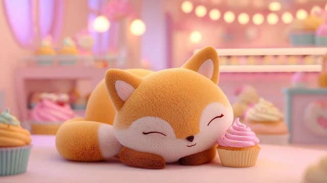 Kawaii Fox in Cupcake World Cute Pastel Colors