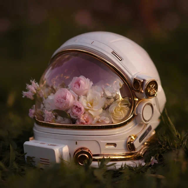 Astronaut Helmet with Flowers Romantic Scene