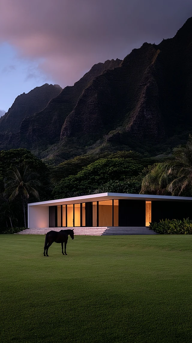 Modern House in Hawaii Mountains with a Horse