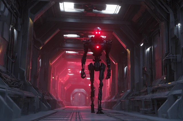 Futuristic Robot in Spaceship Corridor Cinematic Image