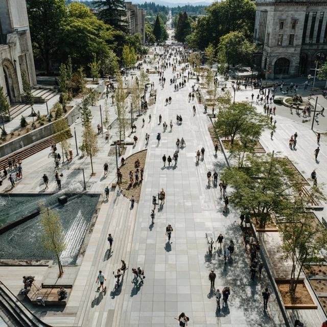 Pacific Northwest Plaza Bustling with People