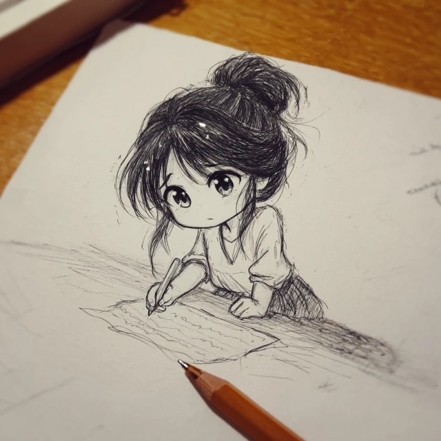 Adorable Chibi Girl Writing an Article Illustration