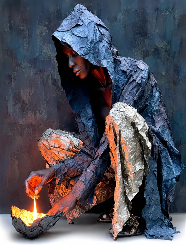 Elder Kneeling Before Flame Art