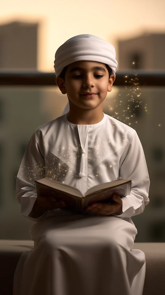 Boy Reading Quran in Sunset Light