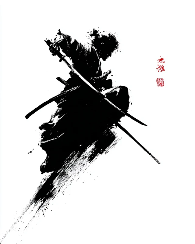 Lone Samurai Swinging Katana Black and White Ink Art