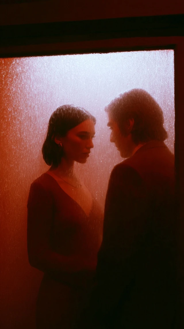 Couple in Rain Romantic Moment Dramatic Lighting