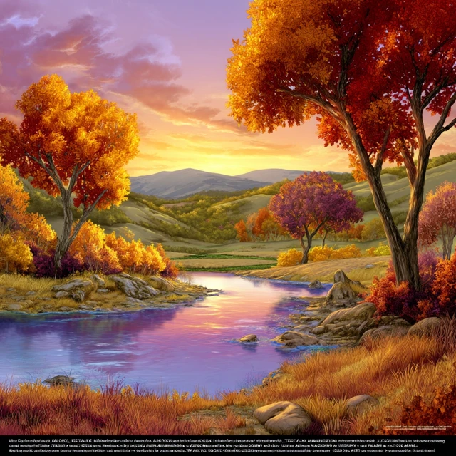 Autumn Forest Landscape Sunset River Painting