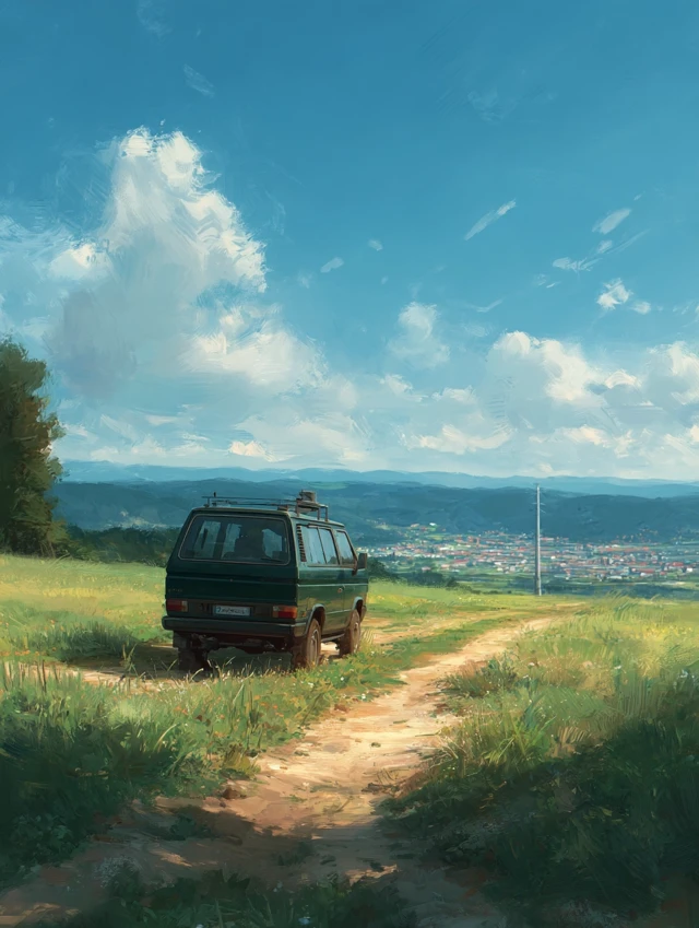 Green Van on Soil Road Field to City