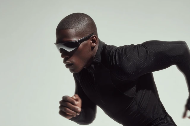 Athletic Man Running in Black Sportswear and Sunglasses