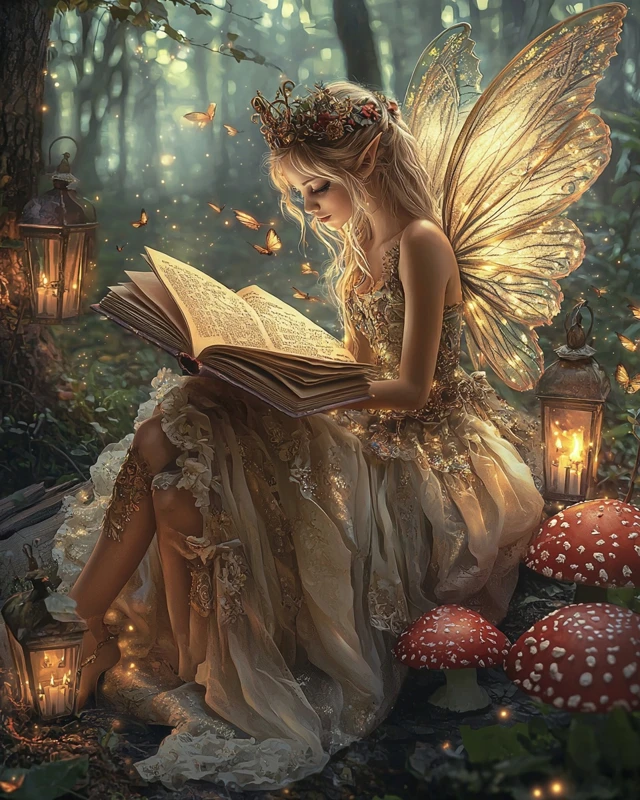 Fairy Reading Fairytales in Enchanted Forest Illustration