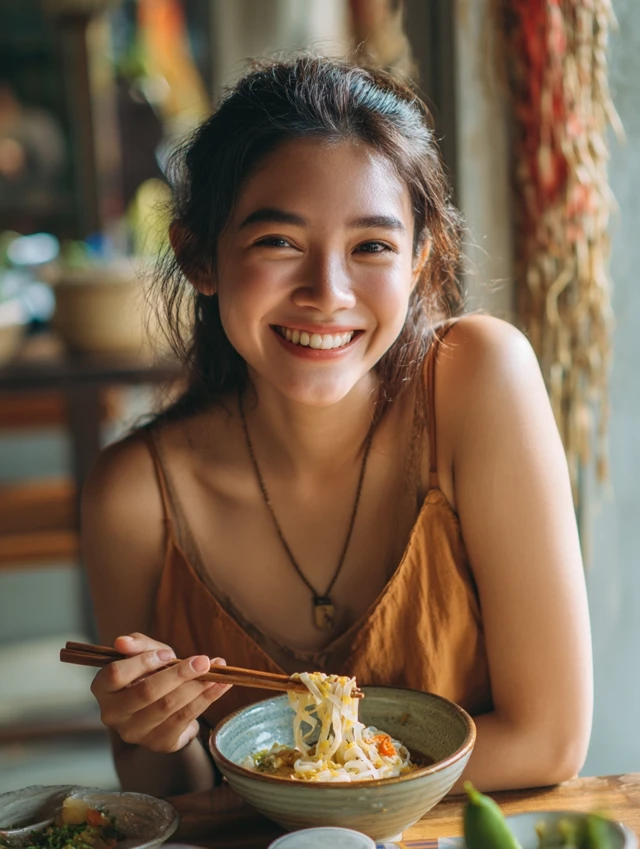 Thai Woman Eating Noodles Food Lifestyle Photography