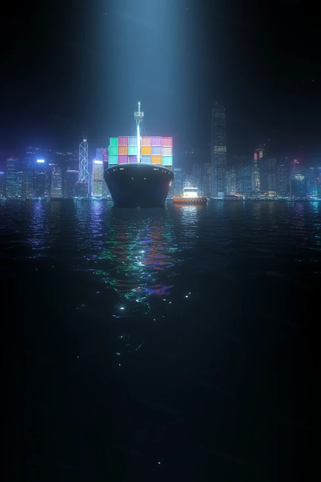 Cargo Ship at Night Arriving at Port City