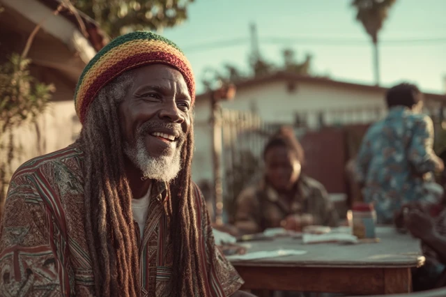 Man with dreadlocks at backyard barbecue scene
