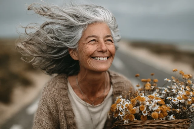 Retired Woman Biking Through Countryside Flowers