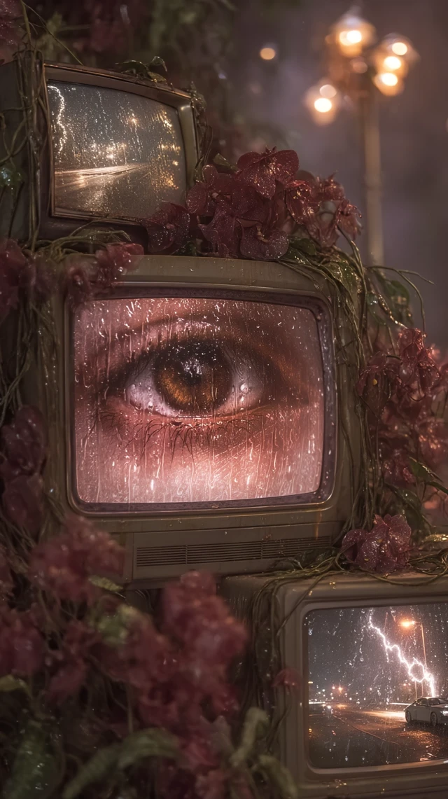 Surreal CRT TVs with Orchids: Dreamlike Analog Glitch