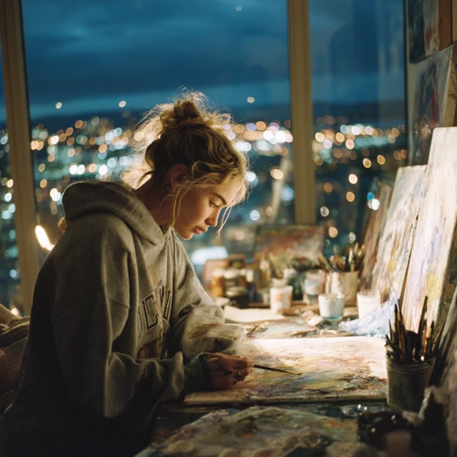 Artist Painting in Apartment at Twilight